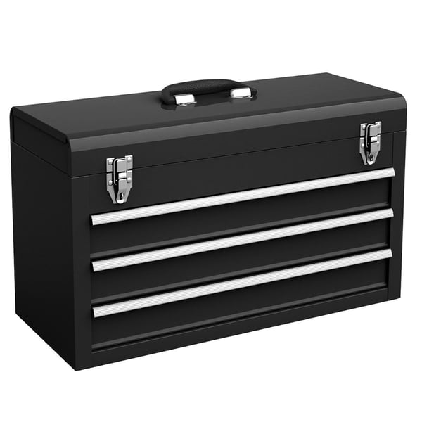 Verktygslåda i metall med 3 lådor & övre fack verktygslåda 52 x 21 x 30 cm svart