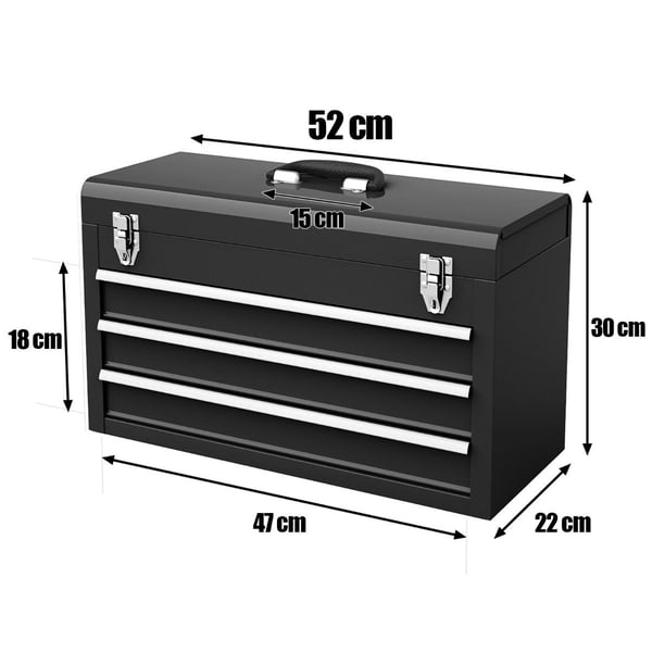 Verktygslåda i metall med 3 lådor & övre fack verktygslåda 52 x 21 x 30 cm svart