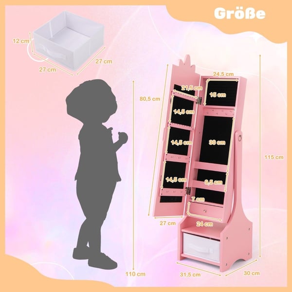 2 i 1 smykkeskap for barn med speil i full lengde & Skuffespeil skap sminkespeil rosa