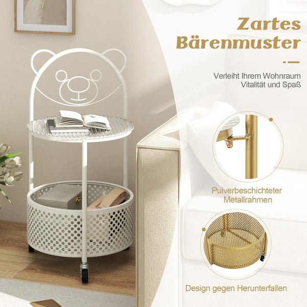 Sidebord i glass med hjul 2-lags glassbord rundt med bjørnemønster hvit