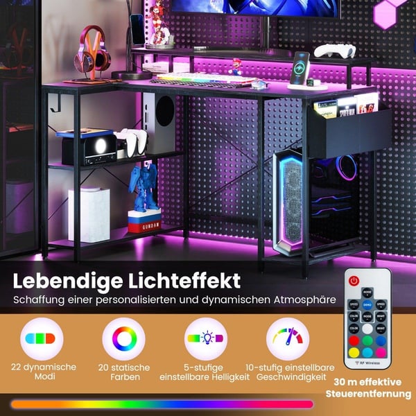 L-formet skrivebord med strømuttak & LED-belysning gaming datamaskin skrivebord svart