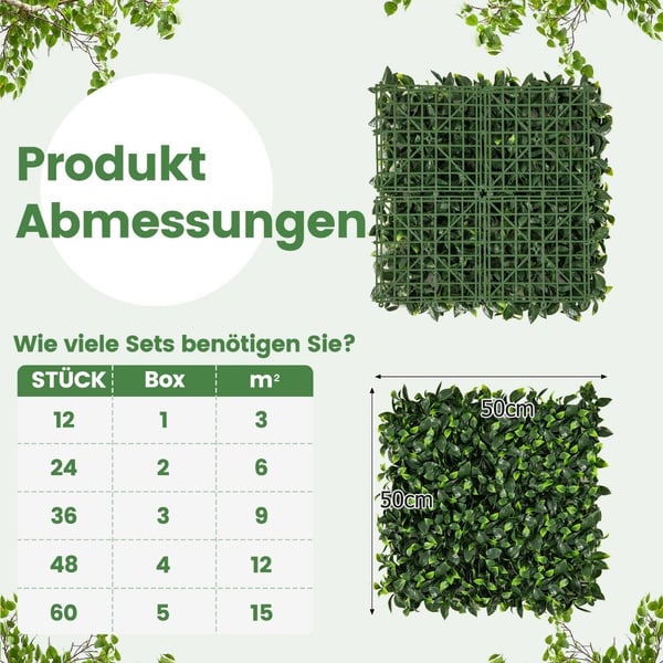 Förpackning med 12 st konstgjord häck växtvägg 50,5 x 50,5 cm Simulerad gräsmatta konstgjord växt grön