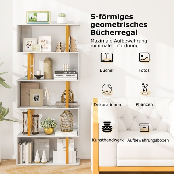 Bokhylle hvit stående hylle med 5 nivåer S-formet kontorhylle frittstående 70 x 24 x 157 cm Bokhylle hvit stående hylle med 5 nivåer S-formet kontorhylle frittstående 70 x 24 x 157 cm