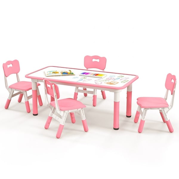 Børnebord med 4 stole sat med graffiti bordplade Højdejusterbar børne siddegruppe pink Børnebord med 4 stole sat med graffiti bordplade Højdejusterbar børne siddegruppe pink