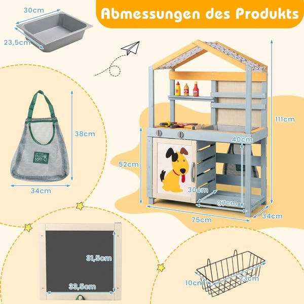 2-I-1 gjørmekjøkken barn utendørs barnekjøkken ved med pose og kurver 75 x 34 x 111 cm flerfarget