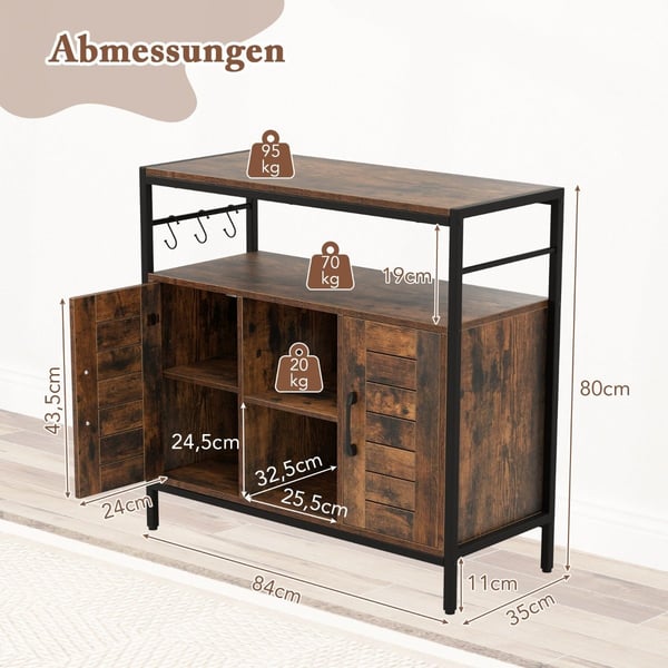 Buffetskab med 2 låger & åbne rum & justerbare hylder & 3 kroge skænk