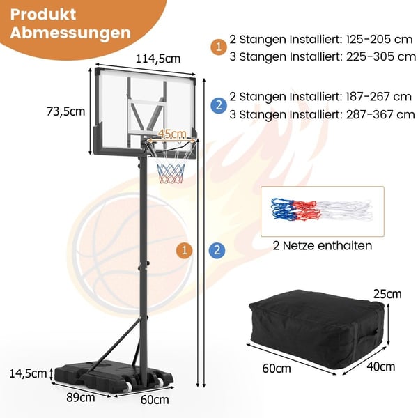 Utendørs basketballkurve med stativ og vektpose og 2 nett basketballstativ