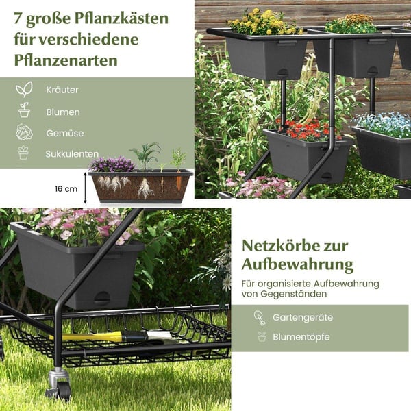 Blomsterstativ med blomsterkasser blomstertrapper med hjul 100 x 56 x 99 cm svart