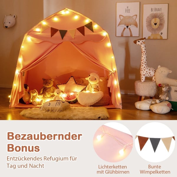 Lekstuga för barn inomhus barntält med flaggor och fairy lights Princess Lektält Rosa