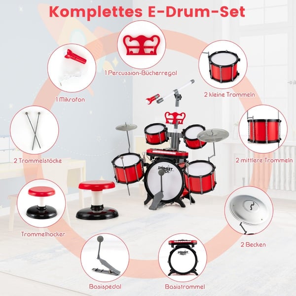 Trommesett for barn med keyboard, krakk, mikrofon, notestativ, rødt
