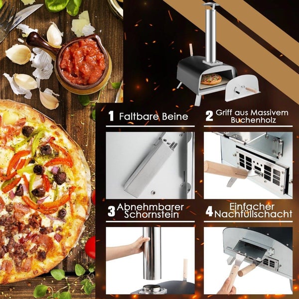 Bärbar utomhuspizzaugn vedeldad bakgårdspizzabryggare Silver + svart