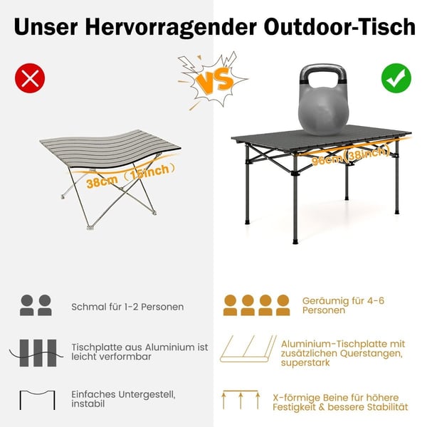 Campingbord i aluminium for 4-6 personer, sammenleggbart piknikbord med bæreveske, sort