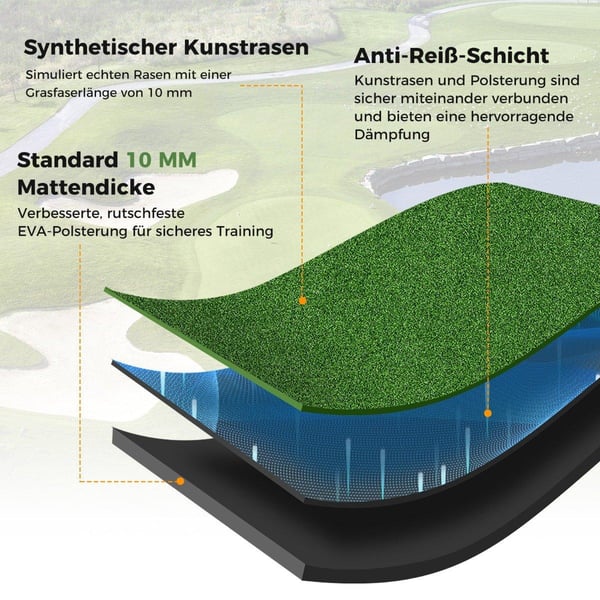 Golfslagmatte med 2 gummi-tees, 2 justeringsstaver og 6 tee-posisjoner, 152 x 92 cm, tykkelse 32 mm