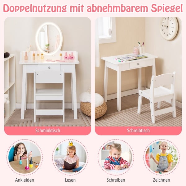 Sminkbord för barn med upplyst spegel Sminkbord med stol Vit