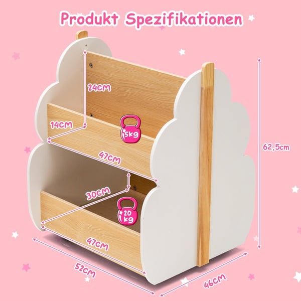 Lasten puinen kirjahylly yleispyörillä 2 tasoinen leluhylly pyörillä valkoinen + luonnollinen