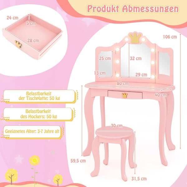 Sminkebord til børn med belysning, sminkebord til piger med trefoldet spejl, pink