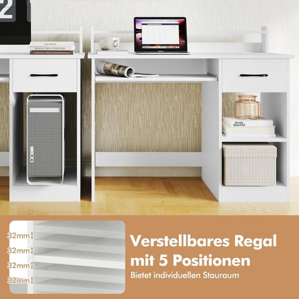 Skrivebord med ladestasjon, tastaturbrett, skuff og justerbar hylle, hvit 105 x 55 x 89 cm