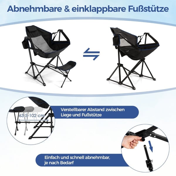 Campingstol med fotstöd &amp; justerbart ryggstöd &amp; nackstöd &amp; mugghållare fiskestol svart