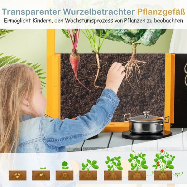 Gjørmekjøkken for barn, utendørs barnekjøkken laget av grantre med plantekasse, 2 tavler, og en blå kran.