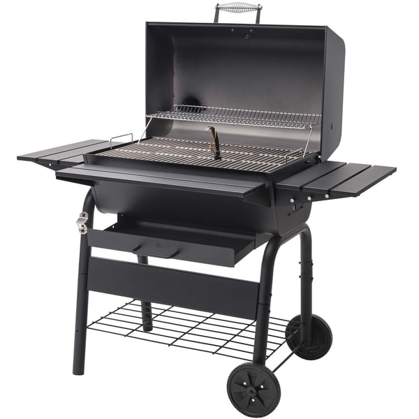Stor kolgrill med justerbart galler och termometer