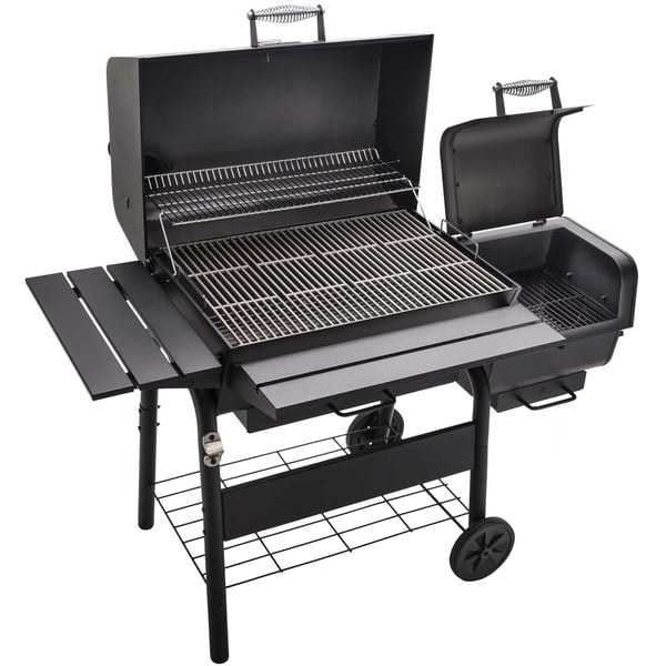Stor kolgrill med justerbart galler och termometer