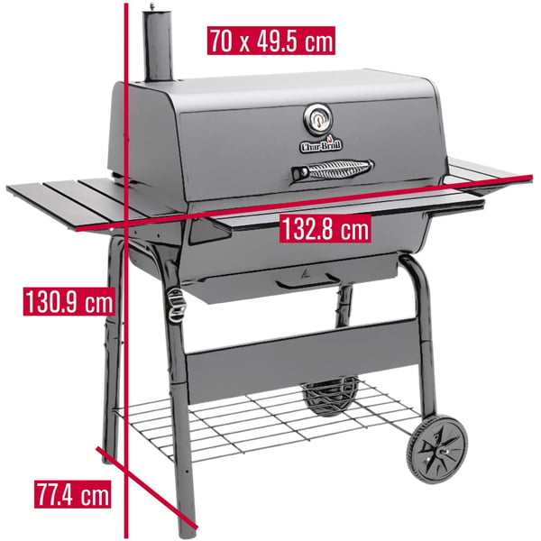 Stor kolgrill med justerbart galler och termometer
