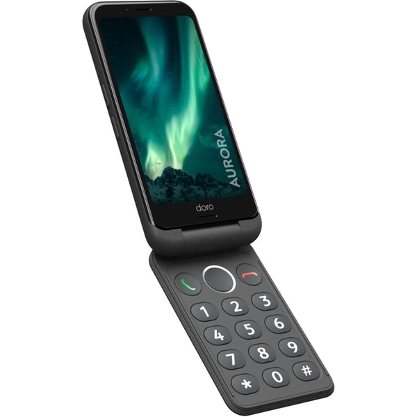 Foldbar 4G smartphone med baggrundsbelyst tastatur, grå