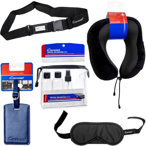 Resepaket med nackkudde, flaskor, bagagelapp, rem, mask Resepaket med nackkudde, flaskor, bagagelapp, rem, mask