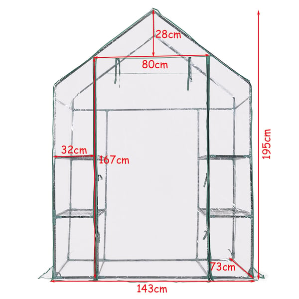 Växthus med hyllor, PVC-överdrag, 143 x 73 x 195 cm