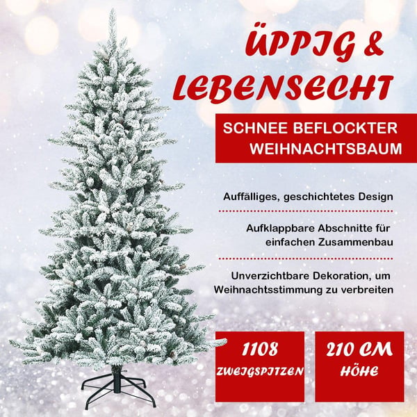 210 cm kunstig snødekt juletre med kongler
