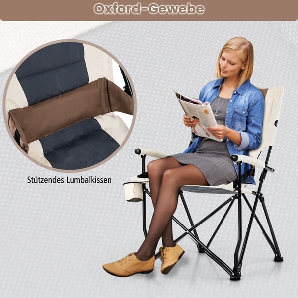 Fällbar campingstol med mugghållare, 63x72x102 cm, Brun/Vit
