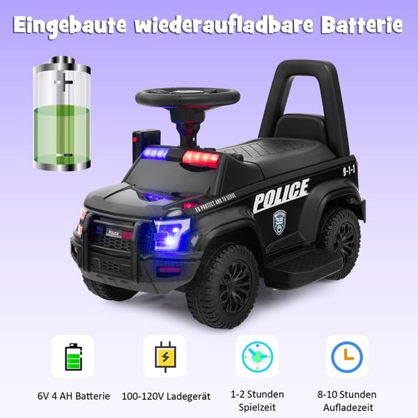Ride-On politibil til børn med megafon, 6V batteri, sort