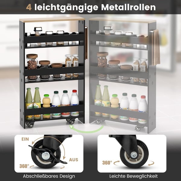 4-lags rullende treoppbevaringsvogn med håndtak, svart/naturlig