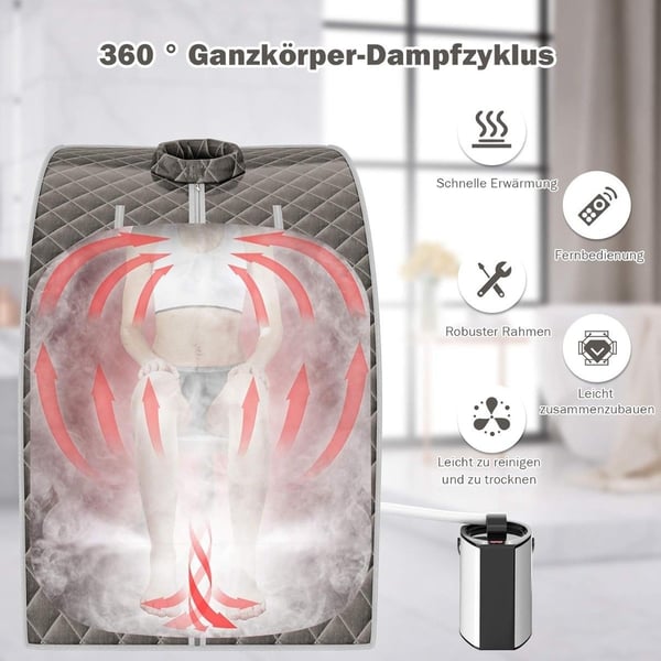 Bærbar dampbadstue, 3L 1000W, 9 temperaturinnstillinger, grå