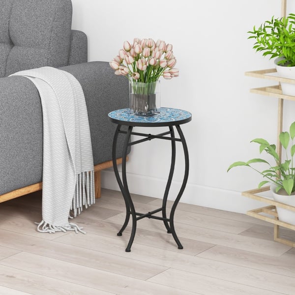 Rundt Mosaikk Sidebord – 35x55 cm, Blå/Sort