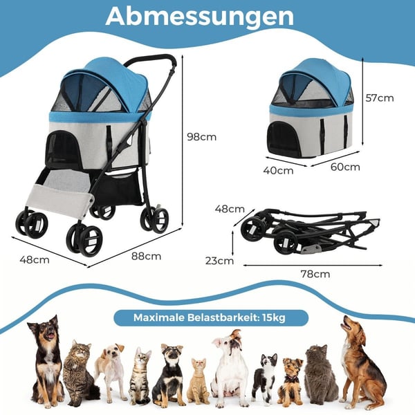 3-i-1 kjæledyrvogn, sammenleggbar, opptil 15 kg, blå