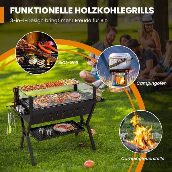 Kullgrill med frontrute, krydderhyller og rist i rustfritt stål