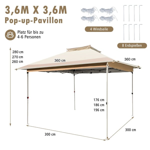 Pop-up lysthus med myggnett, UV 50+, 3,6x3,6m, Khaki