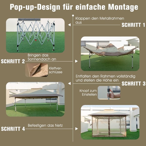 Pop-up lysthus med myggnett, UV 50+, 3,6x3,6m, Khaki