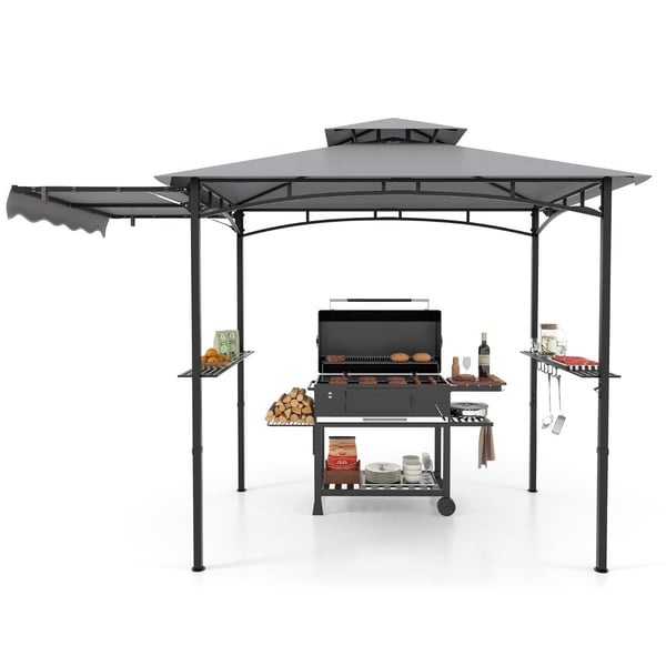 Grillpaviljong med sidomarkis, dubbeltak, metallhyllor