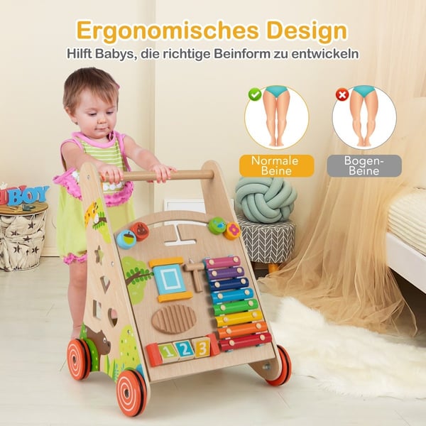 Baby Walker i tre med håndtak, oppbevaring og hjul