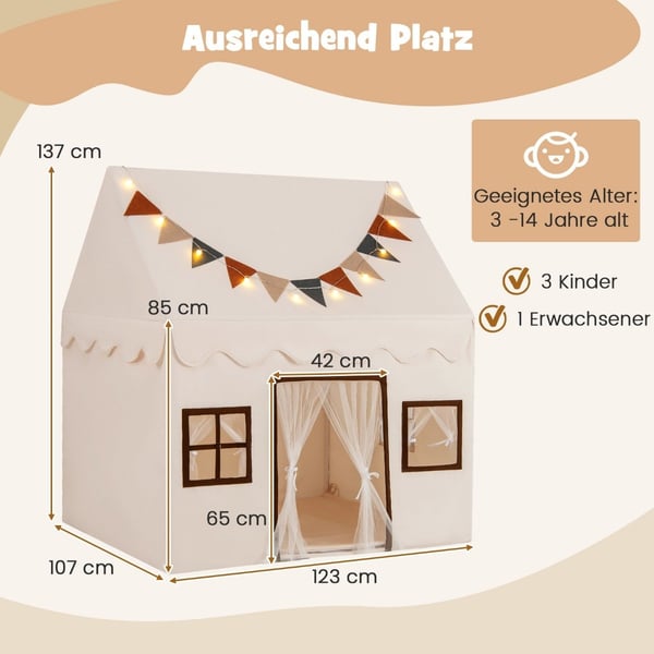 Lektält för barn inomhus med matta och lampor, beige, 123x107x137 cm