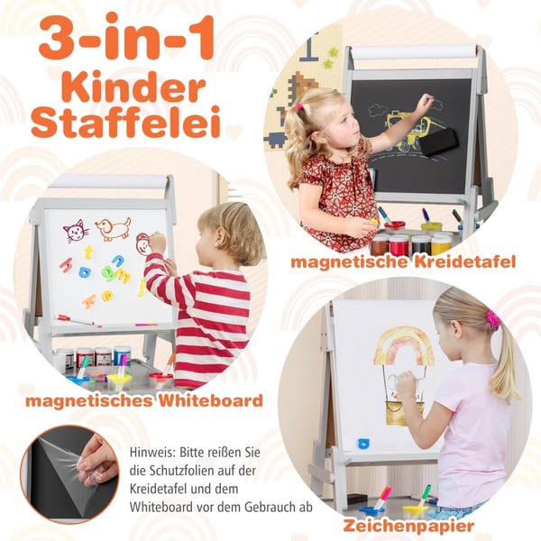 3-in-1 lasten maalausteline, jossa liitutaulu, valkotaulu ja paperirulla