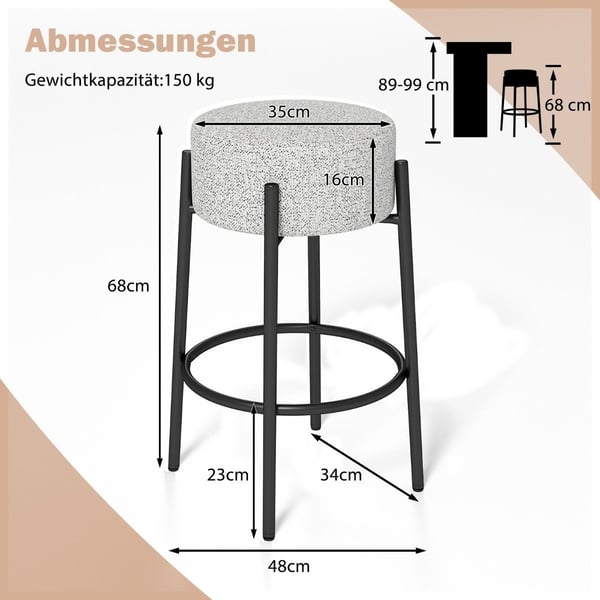 Barkrakk 68 cm, polstret sete, uten ryggstøtte, metallramme