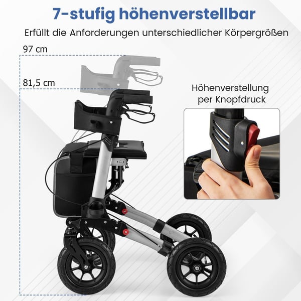 Sammenleggbar lettvektsrollator med luftdekk, aluminium, 140 kg kapasitet