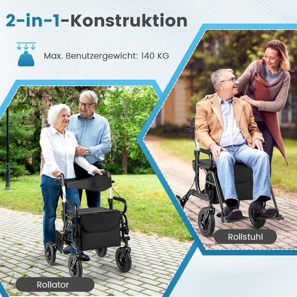 2-i-1 rullator og rullestol, lett, sammenleggbar, svart