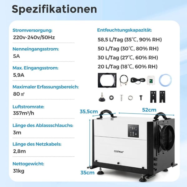 Kommersiell avfuktare, 58L/Dag, 3 lägen, 24H timer