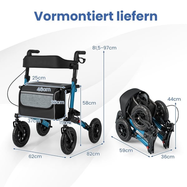 Sammenfoldelig letvægtsrollator med luftdæk, aluminium, 140 kg kapacitet