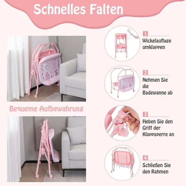 Sammenklappeligt puslebord med badekar, opbevaring, hjul