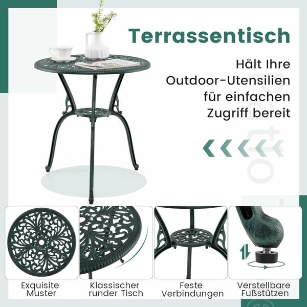 3-delad uteplats i gjuten aluminium med bistrobord och stolar